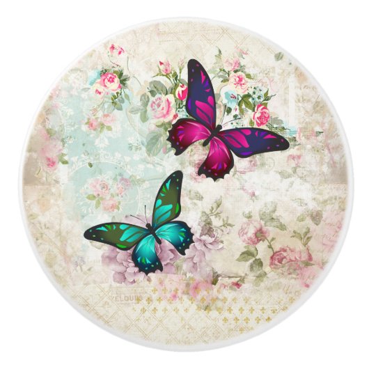 ピンクと緑の蝶の見すぼらしいヴィンテージバラ セラミックノブ (正面)