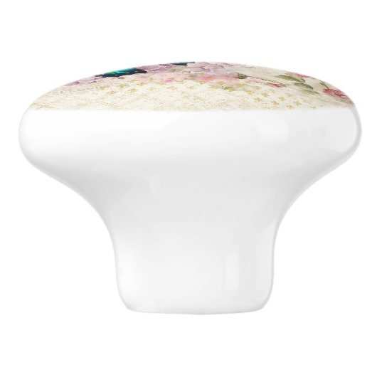 ピンクと緑の蝶の見すぼらしいヴィンテージバラ セラミックノブ (側面)