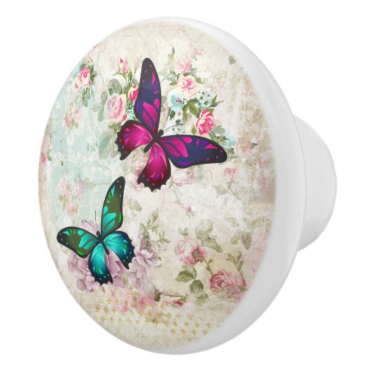 ピンクと緑の蝶の見すぼらしいヴィンテージバラ セラミックノブ (右)