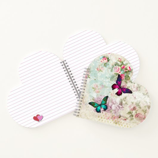 ピンクと緑の蝶の見すぼらしいヴィンテージバラ ノートブック (内部)