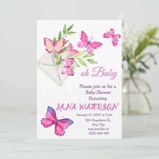 ピンクと緑の蝶の赤ちゃんシャワー招待状 招待状 (スタンド正面)