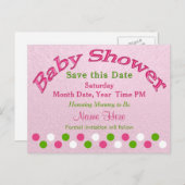 ピンクと緑の赤ちゃんシャワー日付カードを保存 案内ポストカード (正面/裏面)