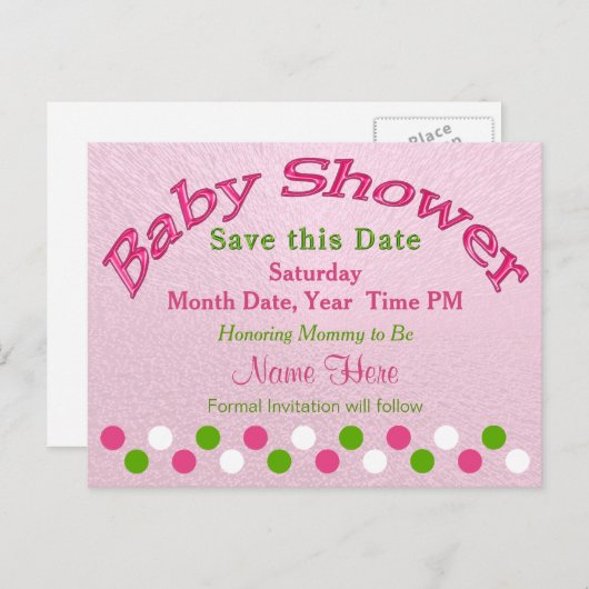 ピンクと緑の赤ちゃんシャワー日付カードを保存 案内ポストカード (正面/裏面)