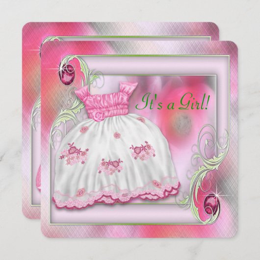 ピンクと緑の赤ちゃんシャワー 招待状 (正面/裏面)