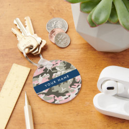 ピンクと緑の迷彩自分の名前をパーソナライズ キーホルダー