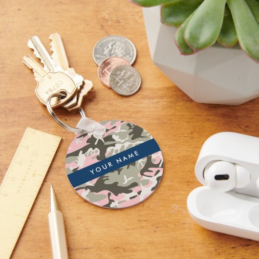 ピンクと緑の迷彩自分の名前をパーソナライズ キーホルダー (デスク)