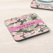 ピンクと緑の迷彩自分の名前をパーソナライズ コースター (左側)