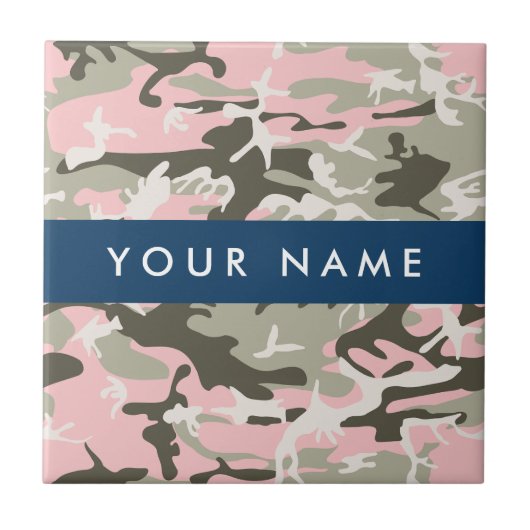 ピンクと緑の迷彩自分の名前をパーソナライズ タイル (正面)