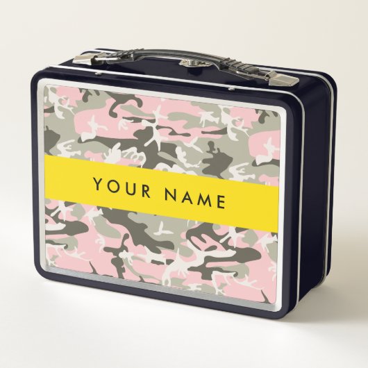 ピンクと緑の迷彩自分の名前をパーソナライズ メタルランチボックス (裏面)