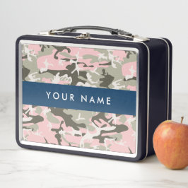 ピンクと緑の迷彩自分の名前をパーソナライズ メタルランチボックス