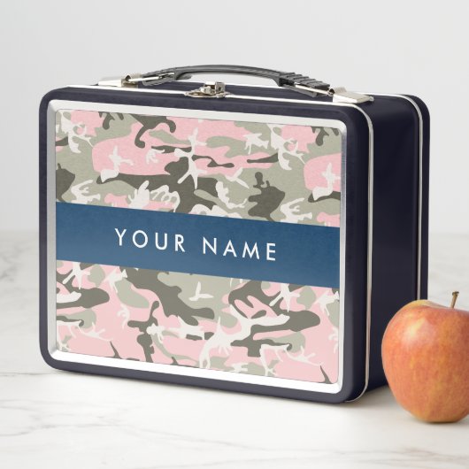 ピンクと緑の迷彩自分の名前をパーソナライズ メタルランチボックス (インサイチュ)