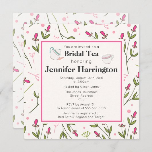 ピンクと緑の長い茎のワイルドフラワーブライダル茶 招待状 (正面/裏面)