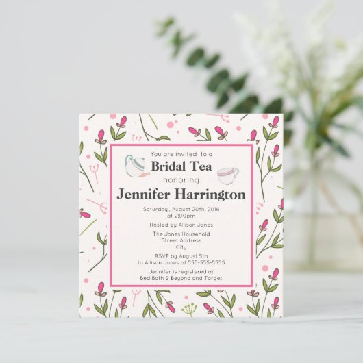 ピンクと緑の長い茎のワイルドフラワーブライダル茶 招待状 (スタンド正面)