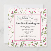 ピンクと緑の長い茎のワイルドフラワーブライダル茶 招待状 (正面)