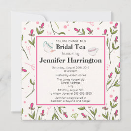ピンクと緑の長い茎のワイルドフラワーブライダル茶 招待状