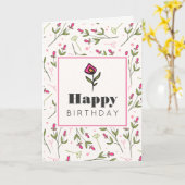 ピンクと緑の長い茎のワイルドフラワー誕生日 カード (黄色い花)