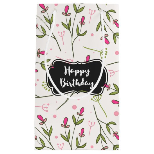 ピンクと緑の長い茎のワイルドフラワー誕生日 スモールペーパーバッグ (正面)