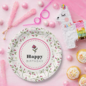 ピンクと緑の長い茎のワイルドフラワー誕生日 ペーパープレート (パーティー)