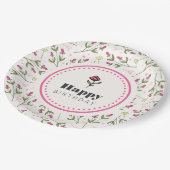 ピンクと緑の長い茎のワイルドフラワー誕生日 ペーパープレート (アングル)