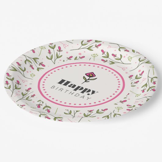 ピンクと緑の長い茎のワイルドフラワー誕生日 ペーパープレート (アングル)