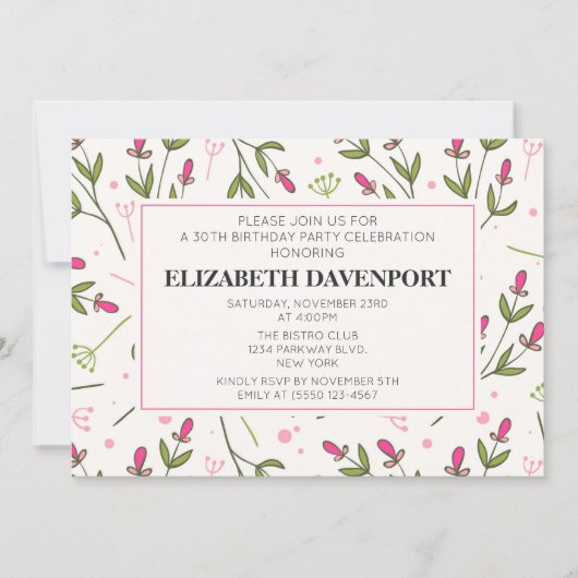 ピンクと緑の長い茎のワイルドフラワー誕生日 招待状 (正面)