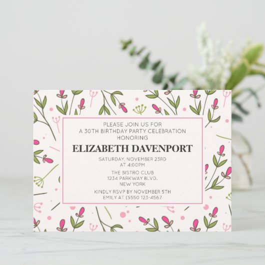 ピンクと緑の長い茎のワイルドフラワー誕生日 招待状 (スタンド正面)