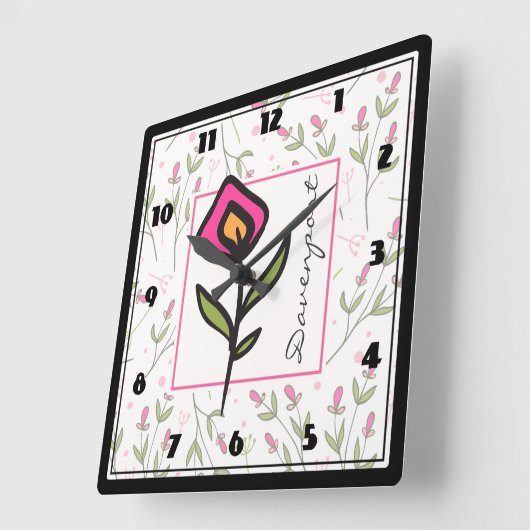 ピンクと緑の長い茎の山パーソナライズされた花 スクエア壁時計 (傾斜)