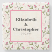 ピンクと緑の長い茎の花 ストーンコースター (正面)