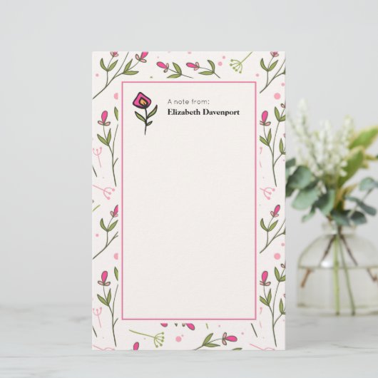 ピンクと緑の長い茎の花 便箋 (スタンド正面)