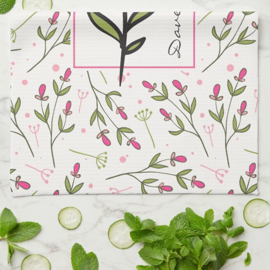 ピンクと緑の長い茎の野生のパーソナライズされた花 キッチンタオル (折り畳み)
