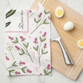 ピンクと緑の長い茎の野生のパーソナライズされた花 キッチンタオル (四つ折り)