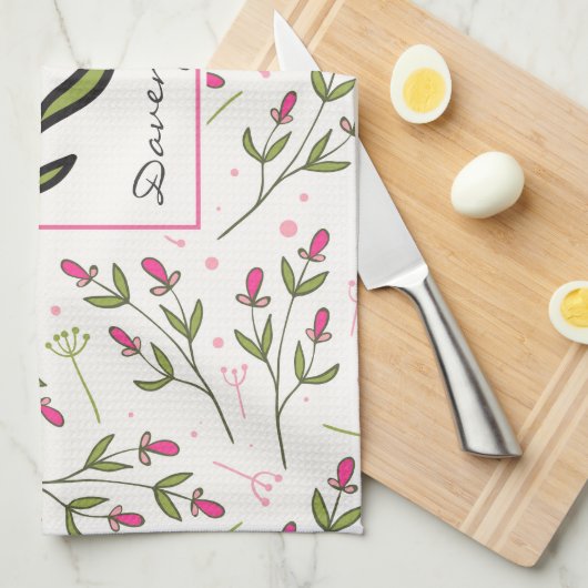 ピンクと緑の長い茎の野生のパーソナライズされた花 キッチンタオル (四つ折り)