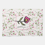 ピンクと緑の長い茎の野生のパーソナライズされた花 キッチンタオル (横)