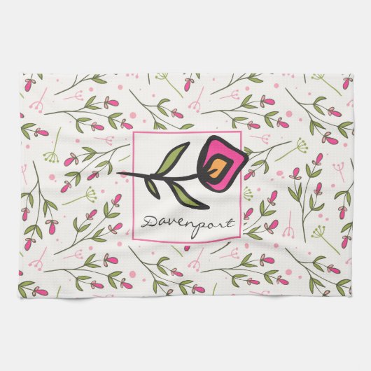 ピンクと緑の長い茎の野生のパーソナライズされた花 キッチンタオル (横)