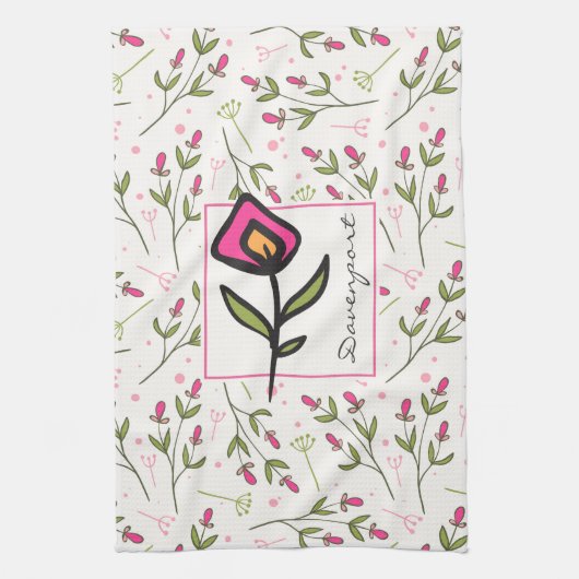 ピンクと緑の長い茎の野生のパーソナライズされた花 キッチンタオル (縦)