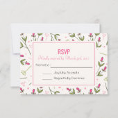 ピンクと緑の長い茎ワイルドフラワーウェディングRSVP 出欠カード (正面)