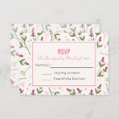 ピンクと緑の長い茎ワイルドフラワーウェディングRSVP 出欠カード (正面/裏面)