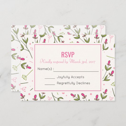 ピンクと緑の長い茎ワイルドフラワーウェディングRSVP 出欠カード (正面/裏面)