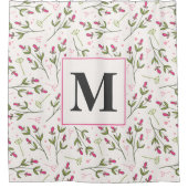 ピンクと緑の長い茎花モノグラム シャワーカーテン (正面)