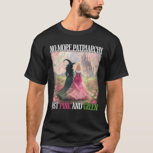 ピンクと緑の魔女のハロウィン、家父長制はもういらない Tシャツ (正面)