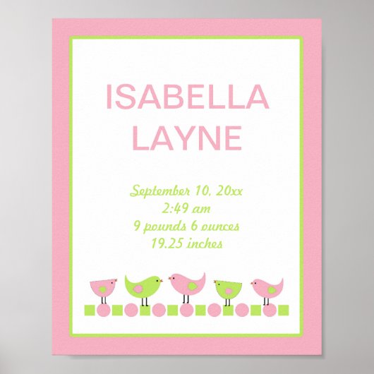 ピンクと緑の鳥の女の子子供部屋ウォールアート ポスター (正面)