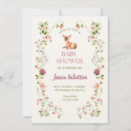 ピンクと緑の鹿とフローラの赤ちゃんシャワー 招待状