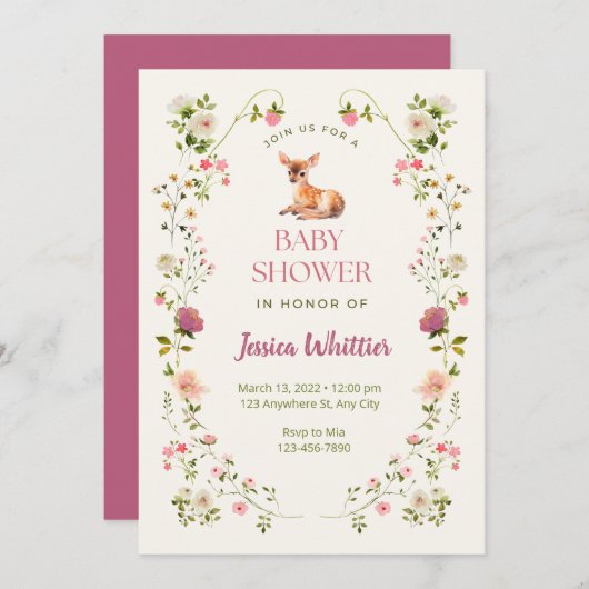 ピンクと緑の鹿とフローラの赤ちゃんシャワー 招待状 (正面/裏面)