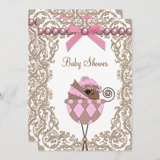 ピンクと茶色のアフリカ系アメリカ人のベビーガールシャワー 招待状 (正面/裏面)