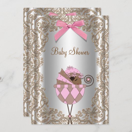 ピンクと茶色のアフリカ系アメリカ人ガールベビーシャワー 招待状 (正面/裏面)