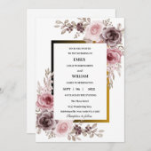 ピンクと茶色のエレガントバラフローラ結婚の 招待状 (正面/裏面)