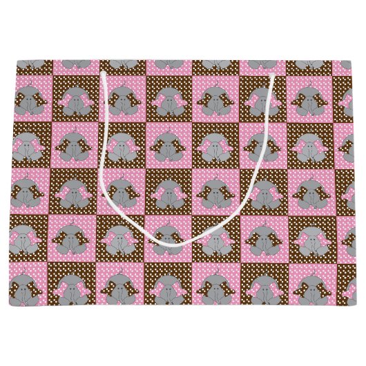 ピンクと茶色のゾウの水玉模様 ラージペーパーバッグ (正面)