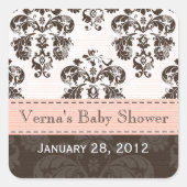 ピンクと茶色のダマスクの好意ラベルシール スクエアシール (正面)