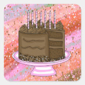 ピンクと茶色のチョコレートケーキ誕生日 スクエアシール (正面)