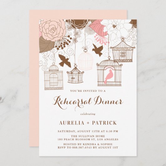 ピンクと茶色のバーダージュのリハーサルディナー 招待状 (正面/裏面)